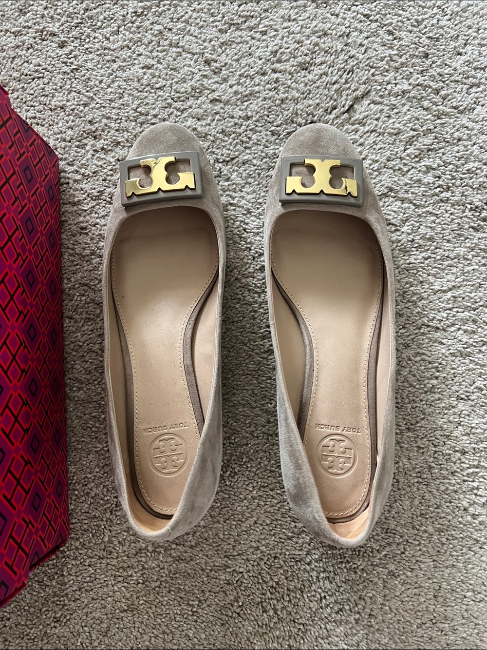 Tory Burch Taupe Suede Flats with Gold Logo